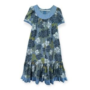 Vintage Good Times Hawaiian Dress Womens Small Midi Muumuu Blue Floral Ruffle